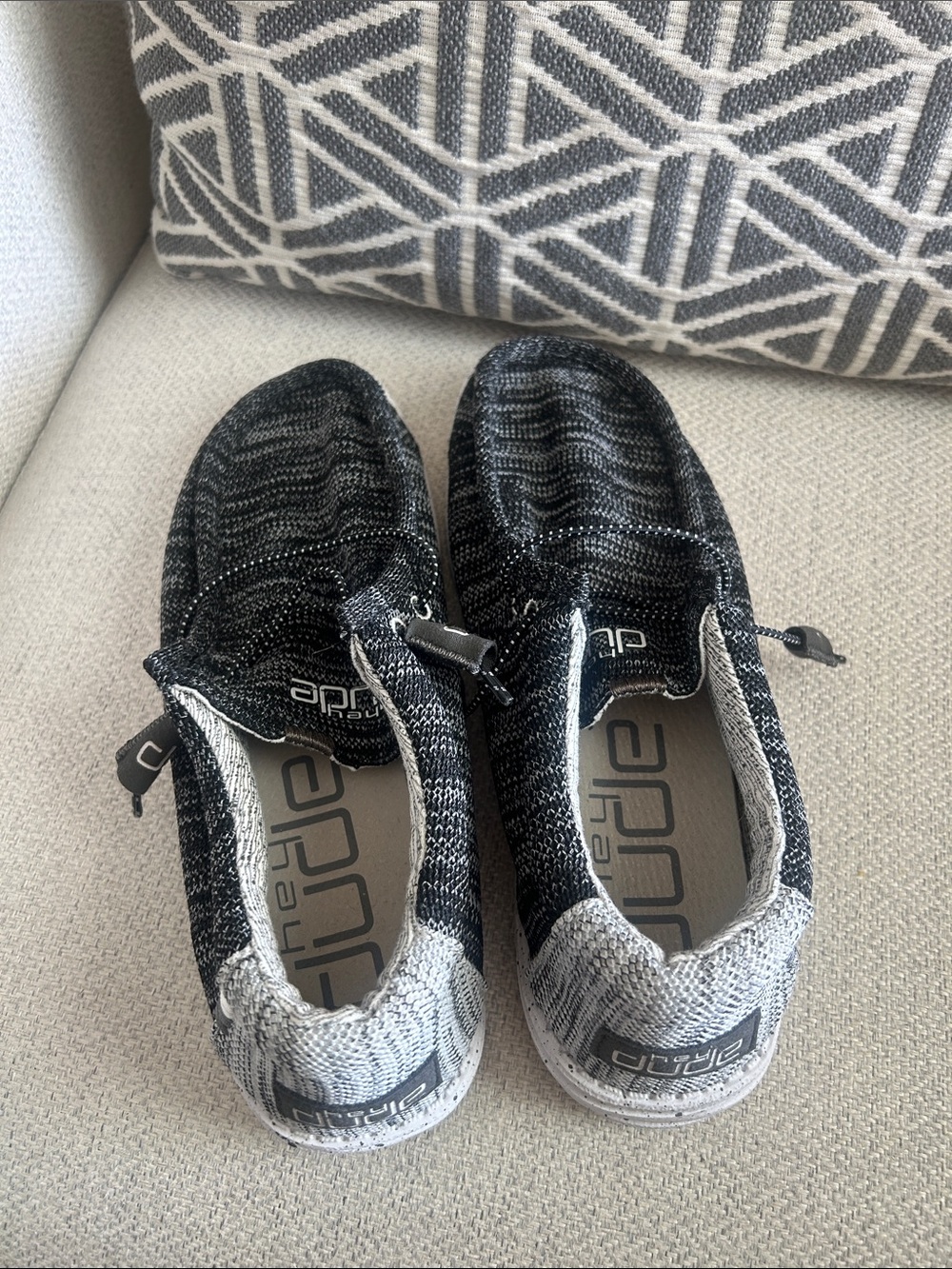 HEY DUDE ~ Mens Hey Dude Black and Gray Knit Slip-Ons